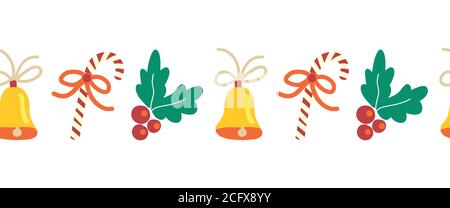 Illustration vectorielle répétitive sans couture avec bordure de Noël dessinée à la main. Canne à sucre, cloche de Noël, GUI. Décoration de vacances d'hiver pour Illustration de Vecteur