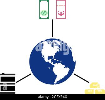 Icône de concept Oil, Dollar and Gold with Planet. Conception couleur plate. Illustration vectorielle. Illustration de Vecteur