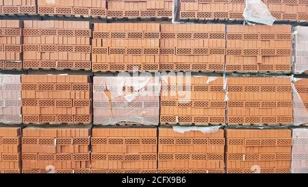 Briques rouges perforées avec trous rectangulaires sur des palettes en bois dans un entrepôt en plein air prêt à la vente. De nouvelles briques sur des palettes dans un magasin de quincaillerie Banque D'Images