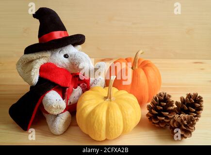 Jolie poupée d'éléphant en costume d'assistant avec une paire de mini citrouilles et trois cônes de pin sur fond de bois Banque D'Images