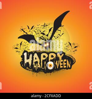 Modèle de carte Happy Halloween - volants avec yeux brillants Sous la pleine lune sur fond jaune et orange - Illustration vectorielle Illustration de Vecteur