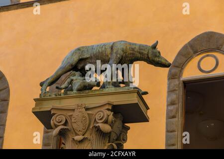 Grande vue rapprochée de la sculpture en bronze du loup Capitoline sur une place appelée Piazza Tolomei à Sienne, en Toscane, en Italie. La sculpture montre un welle-loup... Banque D'Images