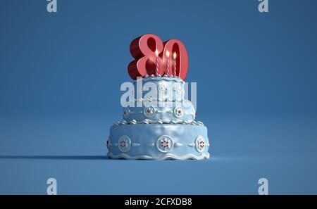 Rendu 3D d'un grand gâteau d'anniversaire bleu avec un un grand nombre quatre-vingt en haut Banque D'Images