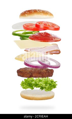 Ingrédients de Burger isolés sur blanc Banque D'Images