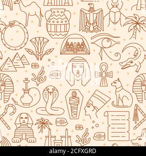 Motif sans coutures en Égypte, lignes fines. Répétition de l'arrière-plan avec des symboles traditionnels de pays. Illustration vectorielle. Illustration de Vecteur