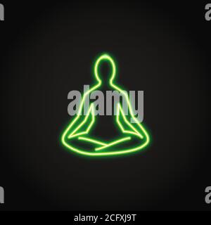 Concept de relaxation icône néon en style ligne. Symbole de concept de santé mentale brillant avec silhouette humaine dans le yoga pose sur fond sombre. Illustration de Vecteur