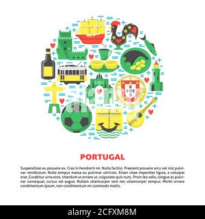 Concept Portugal Round avec icônes dans un style plat. Symboles traditionnels avec culture nationale, cuisine et attractions. Bannière de voyage ou affiche templ Illustration de Vecteur