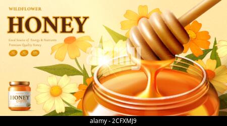 Fleurs sauvages miel ADS avec le balancier de miel trempé dans un sirop jar dans l'illustration 3d avec des fleurs en arrière-plan Illustration de Vecteur