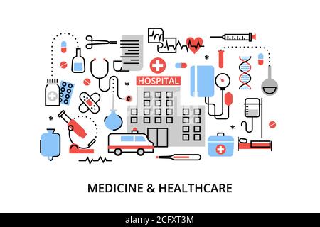 Illustration vectorielle moderne à lignes minces, concept de médecine et de soins de santé, premiers soins, équipement médical et traitement médical, pour graphique an Illustration de Vecteur