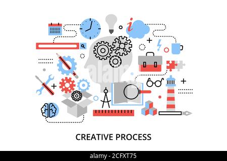 Illustration vectorielle plate et moderne à lignes fines, concept de processus créatif, problème de définition et de recherche, pour la conception graphique et Web Illustration de Vecteur