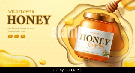 Fleurs sauvages miel ADS avec sirop et balancier sur fond beige en 3d illustration, plat Illustration de Vecteur