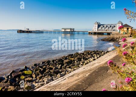 Penarth Waterfront avec des fleurs le matin d'été avec Penarth Pier en arrière-plan. Banque D'Images