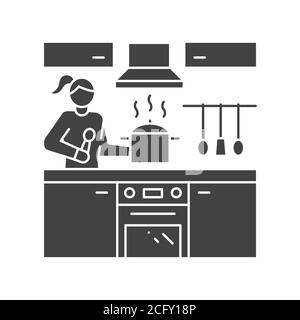 La femme est debout dans la cuisine et prépare l'icône de glyphe noir. Intérieur de la maison. Vue intérieure de la pièce avec couverts et meubles. Illustration vectorielle isolée. Illustration de Vecteur