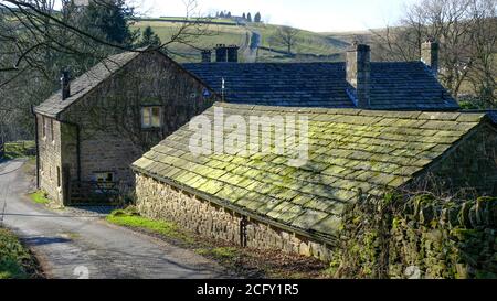 toits couverts de mousse et cottages en pierre dans ce vieux coin de Le village de Hayfield dans le Derbyshire Banque D'Images