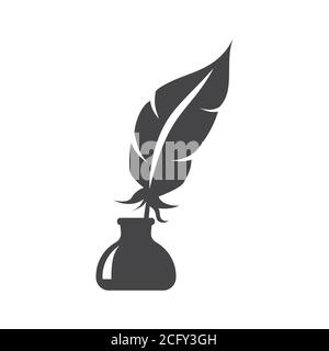 Plume d'oiseau en icône de vecteur noir d'inkwell. Stylo à encre ou symbole de glyphe de puits. Illustration de Vecteur
