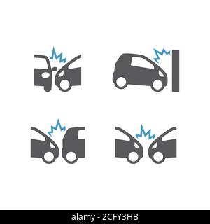 Jeu d'icônes de vecteur noir incident d'écrasement de voiture. Icônes d'accident de voiture ou de circulation, de collision frontale et latérale. Illustration de Vecteur