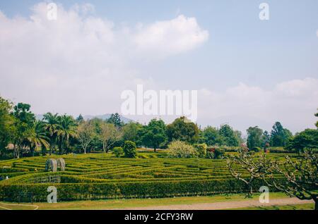 Bogor, Indonésie - UNE vue sur le parc à thème de fleurs Taman Bunga Nusantara dans un après-midi nuageux avec vue sur un champ de labyrinthe avec des personnes marchant un Banque D'Images