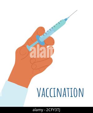 la main de dessin animé tient une seringue avec un vaccin. Lettrage de la vaccination. Soins de santé et protection. Traitement médical. Médecin. Illustration vectorielle Illustration de Vecteur
