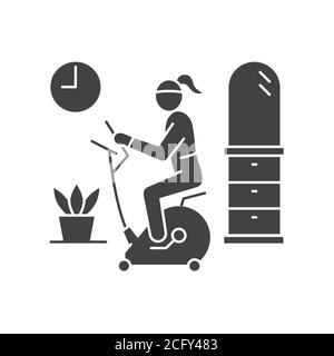 Femme à vélo d'appartement rester à la maison icône de glyphe noir. Loisirs à la maison. Entraînement cardio-fitness. Illustration vectorielle isolée. Illustration de Vecteur