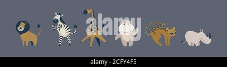 Animaux africains mignons et drôles. Personnages de dessin animé sur une affiche avec fond gris. Illustration vectorielle. Illustration de Vecteur