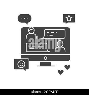 Chat en ligne sur un ordinateur icône de glyphe noire. Communication Internet. Loisirs à la maison. Illustration vectorielle isolée. Illustration de Vecteur