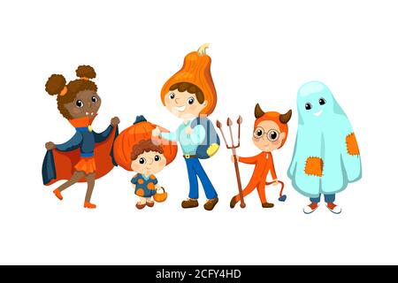 Enfants heureux en Halloween illustration vectorielle de costume sur fond blanc. Enfants amis vêtus pour la fête d'Halloween. Enfants multiraciaux en citrouille héa Illustration de Vecteur