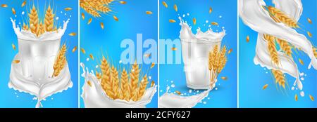 Grains d'épis de blé avec lait de destruction ou yaourt. Tiges entières jaunes blé, produit biologique, agriculture, nourriture saine. Illustration de l'élément d'emballage alimentaire. Définir des épis de blé réalistes. Vecteur Illustration de Vecteur