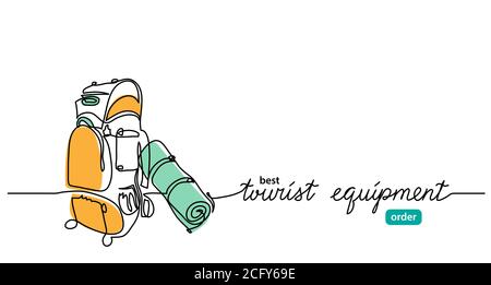 Équipement touristique bannière web minimale, arrière-plan, affiche avec sac à dos de camping. Fond vectoriel minimaliste. Une mise en plan de ligne continue avec Illustration de Vecteur