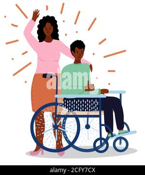 caricature africaine jeune couple. homme noir assis en fauteuil roulant et montre les pouces vers le haut. La femme se tient derrière lui. Style dessiné à la main. Isolé sur fond blanc Illustration de Vecteur