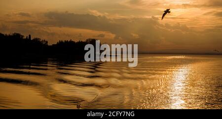 Lumière dorée au coucher du soleil sur le lac Trasimeno et Isola Maggiore (Grande île) en Ombrie Banque D'Images