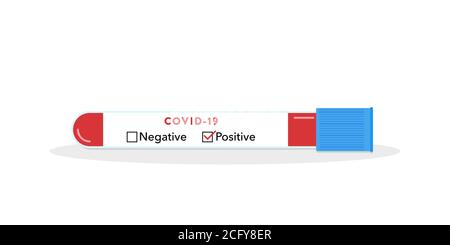 Tube à essai pour le diagnostic du coronavirus. Test Covid-19. Résultat positif. Échantillon de test sanguin d'un patient. Pandémie d'infection mondiale. Illustration vectorielle, Illustration de Vecteur
