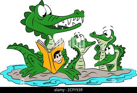 Dessin animé alligator mère lisant des histoires à ses enfants illustration vectorielle Illustration de Vecteur