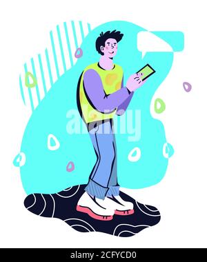 Homme personnage de dessin animé bavardant et utilisant le téléphone mobile pour envoyer des messages texte. Illustration de Vecteur