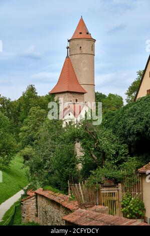 Tour Dreikonigs et tour verte, Dinkelsbuhl, Franconie centrale, Bavière, Allemagne Banque D'Images