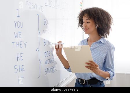 La profession moderne est enseignant en ligne. Sympathique fille afro-américaine dans le casque sans fil écrit sur le tableau noir Banque D'Images