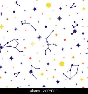 Motif constellation sans couture. Arrière-plan de l'espace. Motif spatial avec étoiles, constellations. Illustration vectorielle pour impression, carte, poster, brochure Illustration de Vecteur