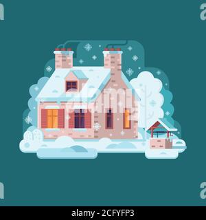 Hiver maison confortable scène de neige à plat Illustration de Vecteur
