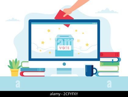 Concept de vote en ligne. Une main mettant un vote dans la boîte sur le moniteur. Illustration de Vecteur