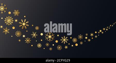 Bordure en forme de vague de flocons de neige dorés. Flocons de neige dorés scintillants et neige avec étoiles sur fond sombre. Joyeux Noël et bonne année design pour Illustration de Vecteur