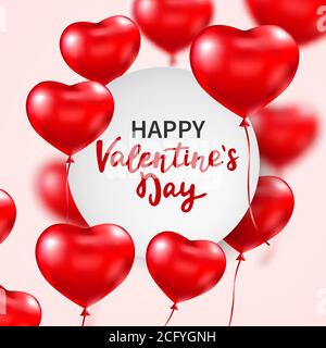 Banderole Saint-Valentin avec ballons rouges en forme de coeur en 3d brillant et lettrage à la main. Ballons volants. Motif célébration. Carte Happy Valentines Day Illustration de Vecteur