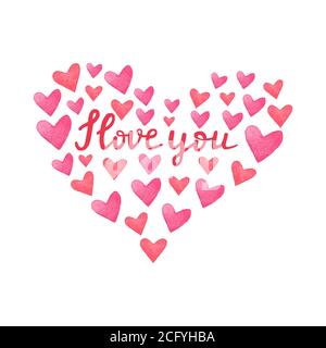 Coeurs rouges et roses aquarelles. Cadre en forme de coeur avec phrase dessinée à la main Je t'aime. Collection de coeurs de couleur peints à la main isolés sur blanc Illustration de Vecteur