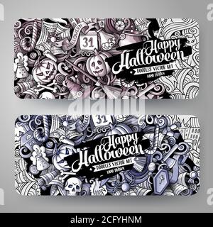 Dessin animé mignon graphique ton vecteur dessins à la main des bannières Halloween Illustration de Vecteur