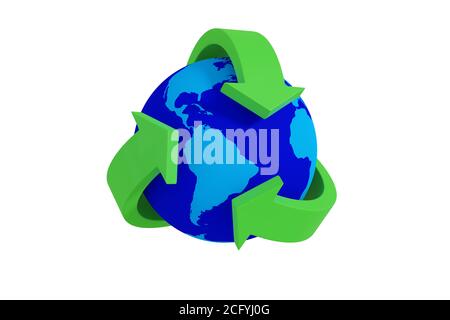 Symbole de recyclage vert entourant la terre isolée sur fond blanc. illustration 3d. Banque D'Images