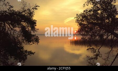 Incroyablement beau petit matin sur le lac. Brouillard sur la surface de l'eau dans les rayons d'une aube orange. Vue de drone 4K Banque D'Images