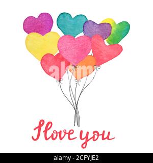 Ballons en aquarelle à coeur dessinés à la main avec texte écrit à la main Je t'aime. Carte de Saint-Valentin faite à la main. Élément de design romantique pour carte de vœux Illustration de Vecteur