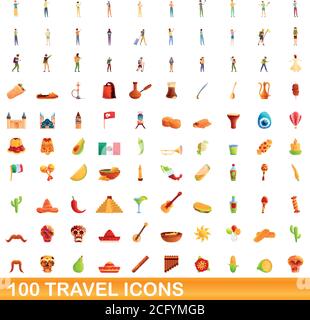 100 icônes de déplacement définies. Illustration de dessin animé de 100 icônes de voyage scénario isolé sur fond blanc Illustration de Vecteur