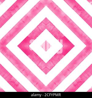 Motif de carrés en losange géométrique aquarelle sans couture. Bandes roses sur fond blanc. Aquarelle à rayures dessinées à la main. Imprimer pour le dessalage de tissu Banque D'Images