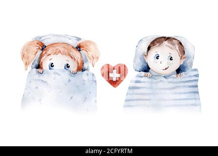 Mignon dessin animé pediatrics personnage de garçon et de fille se trouvent dans le lit avec un froid. Pilules, ambulance, masque, bactéries, virus, coronavirus. Aquarelle dessinée à la main Banque D'Images