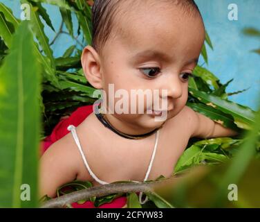 bébé jouant avec des feuilles et montrant son adorable expression faciale gros plan Banque D'Images