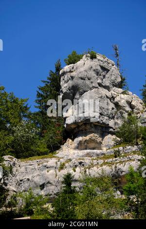 France, Doubs, Villers-le-Lac, Bassins et Saut du Doubs, lac de Chaillexon, falaises, rochers de la tête de Calvin ou du Sphinx du côté suisse Banque D'Images